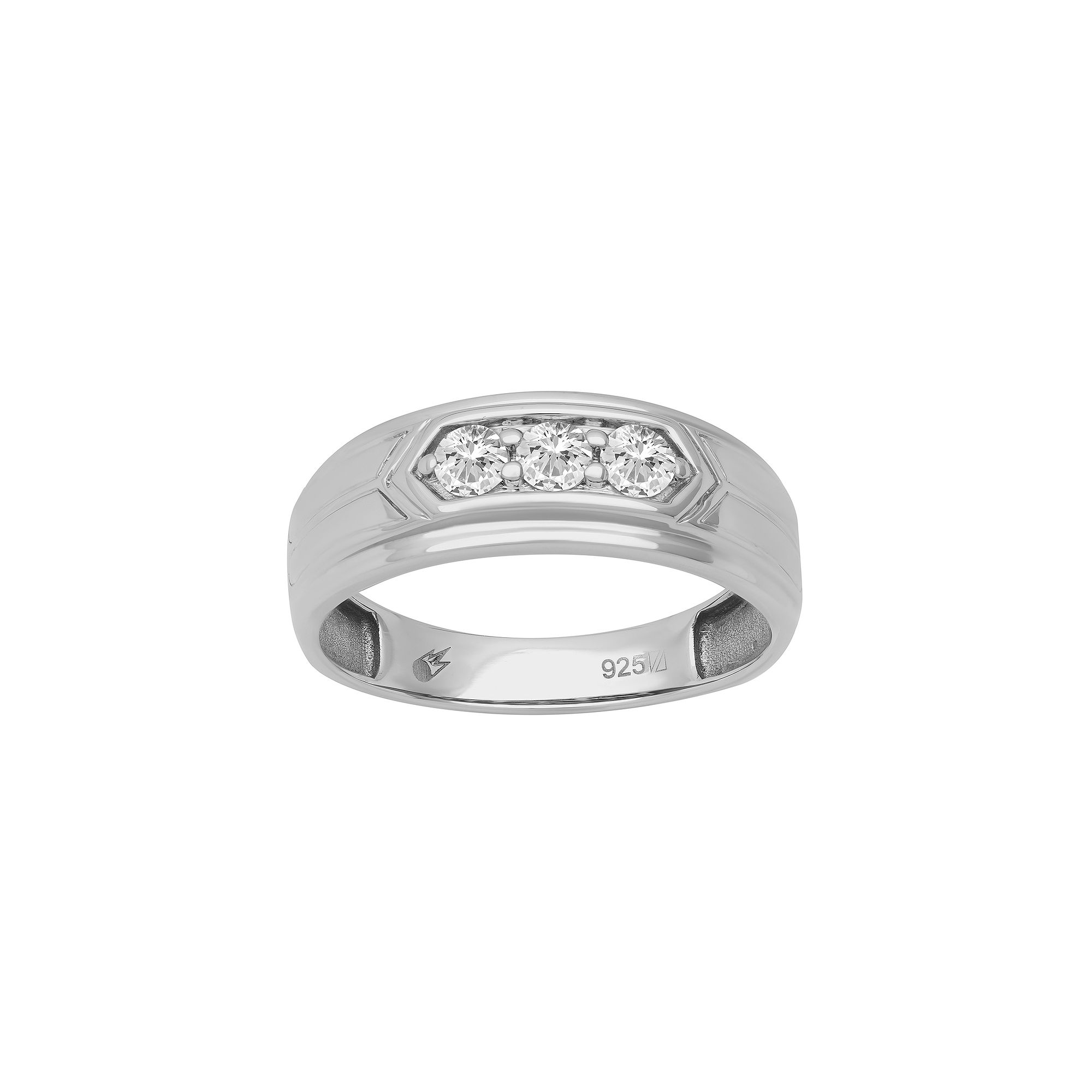 AXL Mens Sterling Silver Lab-Created Moissanite Three-Stone Ring, Size: 9