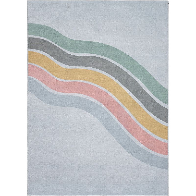 Well Woven Kids Rugs Curved Rainbow Modern Multi Color Printed Distressed Machine Washable 5  x 7  Area Rug