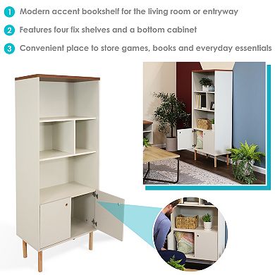 Sunnydaze Mid-Century Modern 5-Shelf Bookshelf with Storage Cabinet - Latte