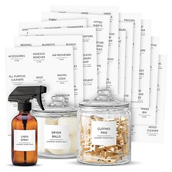 144 pc Minimalistic Laundry Room Labels for Containers, Preprinted Black on White Stickers for Home Organization Jars and Spray Bottles