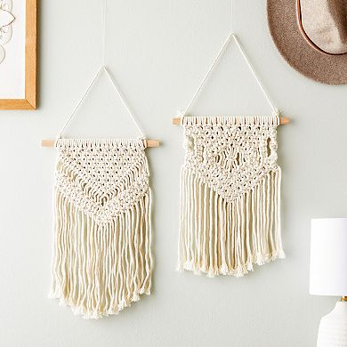 2 Pack Bohemian Style Macrame Wall Hanging, Dreamcatcher Home Decor (White, 10 x 15 In)