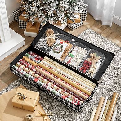 mDesign Long Gift Wrapping Organizer Bag w/ Handles, Zipper - Plaid Black/White