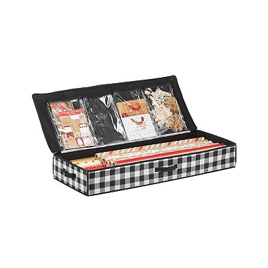 mDesign Long Gift Wrapping Organizer Bag w/ Handles, Zipper - Plaid Black/White