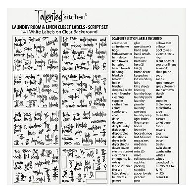 Talented Kitchen 141 Laundry Labels for Jars and Containers, Preprinted Clear Stickers for Linen Closet, Bathroom Organization, Cleaning Supplies, White Script (Water Resistant)