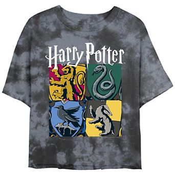Juniors' Harry Potter Hogwarts Houses Vintage Collage Cropped Graphic Tee