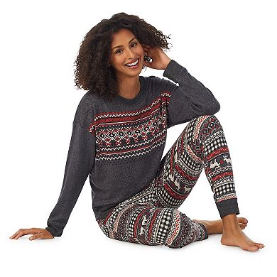 Women's Cuddl Duds Sweater Knit Crewneck Top and Banded Bottom Sleep Set