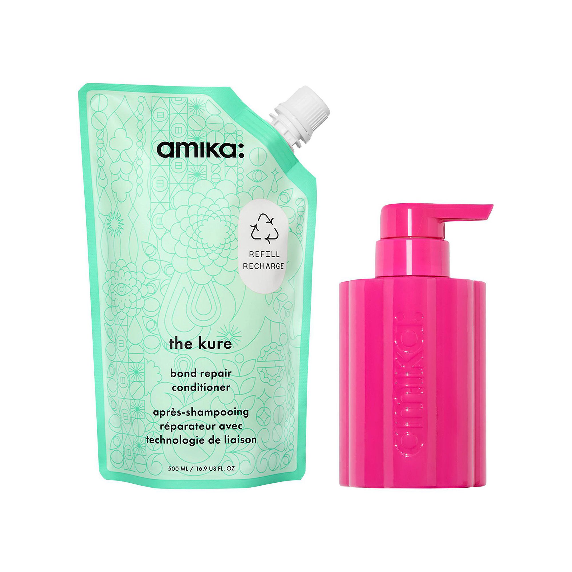 amika The Kure Bond Repair Refillable Conditioner Bottle and Pouch Set, Non
