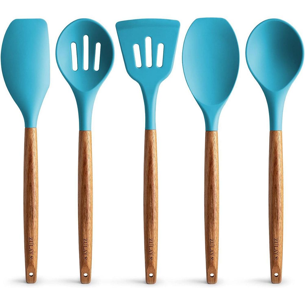 Zulay Kitchen 5 Piece Non-Stick Silicone Utensils Set with Authentic Acacia Wood Handles