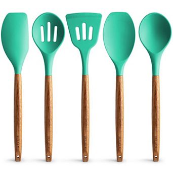 Zulay Kitchen 5 pc Non-Stick Silicone Utensils Set with Authentic Acacia Wood Handles