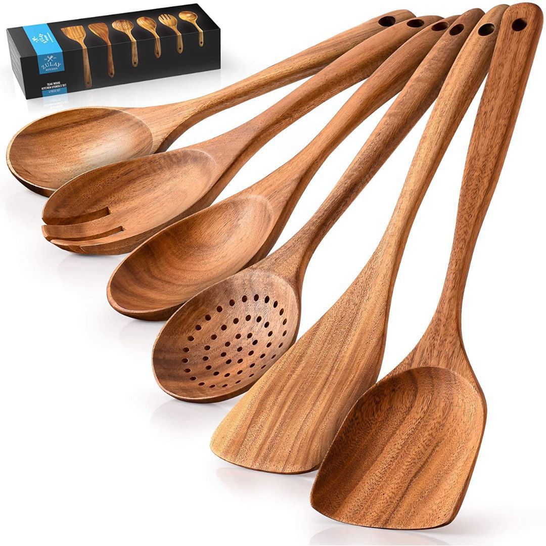 9PCS Wooden Spoons For Cooking, Wooden Utensils For Cooking With Utensils  Holder, Teak Wooden Kitchen Utensils Set