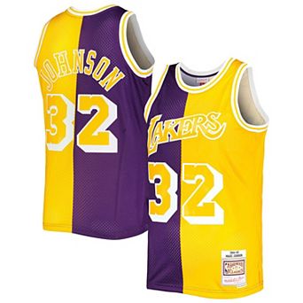 Men's Mitchell & Ness Magic Johnson Purple/Gold Los Angeles Lakers Hardwood Classics 1984-85 Split Swingman Jersey