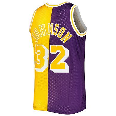 Men's Mitchell & Ness Magic Johnson Purple/Gold Los Angeles Lakers Hardwood Classics 1984-85 Split Swingman Jersey