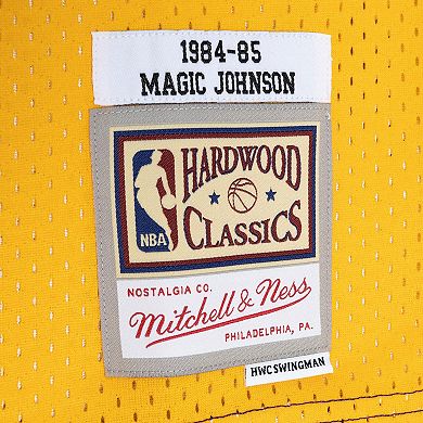 Men's Mitchell & Ness Magic Johnson Purple/Gold Los Angeles Lakers Hardwood Classics 1984-85 Split Swingman Jersey