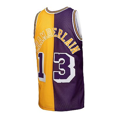 Men s Mitchell Ness Wilt Chamberlain Purple Gold Los Angeles Lakers Hardwood Classics 1971 72 Split