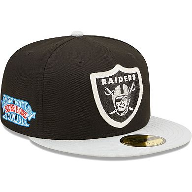 Men's New Era Black/Silver Las Vegas Raiders Super Bowl XVIII Letterman 59FIFTY Fitted Hat
