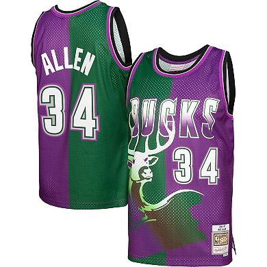 Men's Mitchell & Ness Ray Allen Green/Purple Milwaukee Bucks Hardwood Classics 1996-97 Split Swingman Jersey