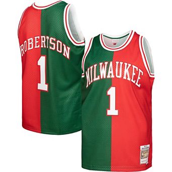 Men's Mitchell & Ness Oscar Robertson Green/Red Milwaukee Bucks Hardwood Classics 1971-72 Split Swingman Jersey