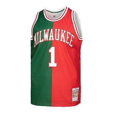 Men's Mitchell & Ness Oscar Robertson Green/Red Milwaukee Bucks Hardwood Classics 1971/72 Split Swingman Jersey