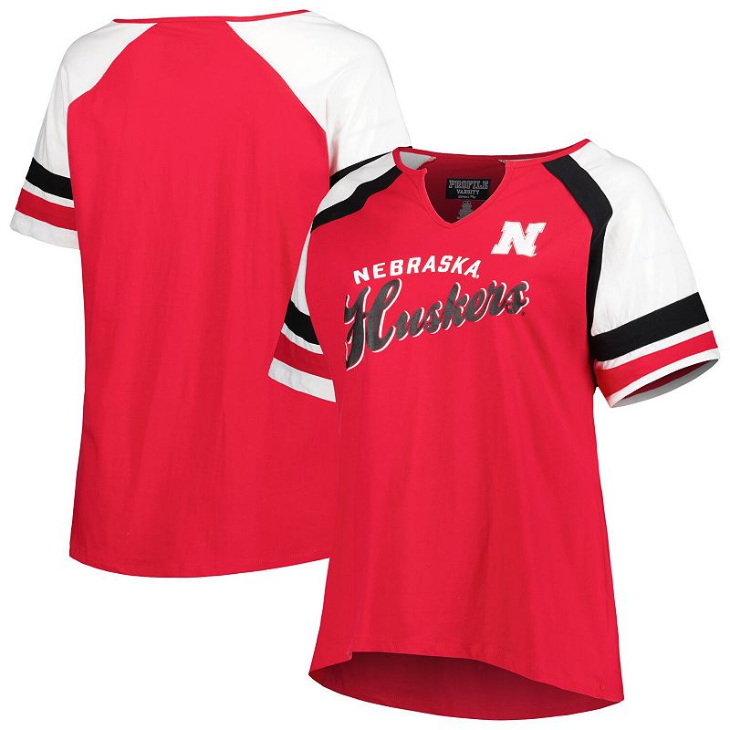 Womens Scarlet Nebraska Huskers Plus Size Arch Raglan Notch Neck T-Shirt, 