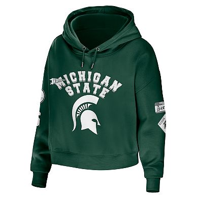 Women's WEAR by Erin Andrews Green Michigan State Spartans Mixed Media Cropped Pullover Hoodie