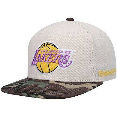 Men's Mitchell & Ness Cream Los Angeles Lakers Hardwood Classics 2010 NBA Finals Patch Off White Camo Fitted Hat