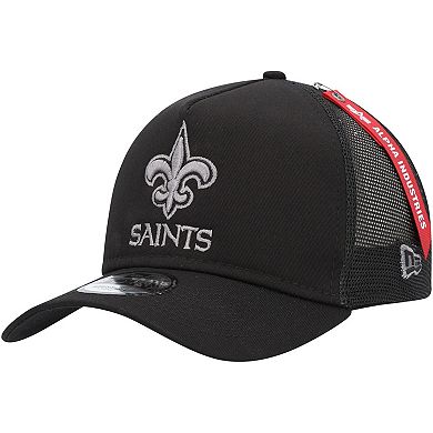 Men's New Era x Alpha Industries  Black New Orleans Saints A-Frame 9FORTY Trucker Snapback Hat
