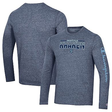 Men's Champion Heather Navy Seattle Kraken Tri-Blend Long Sleeve T-Shirt