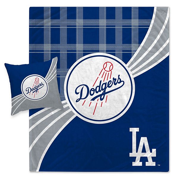 Los Angeles Dodgers Plaid Wave Flannel Fleece Blanket & Pillow Combo Set
