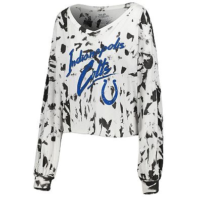 Women's Majestic Threads Jonathan Taylor White Indianapolis Colts Off-Shoulder Tie-Dye Name & Number Cropped Long Sleeve V-Neck T-Shirt