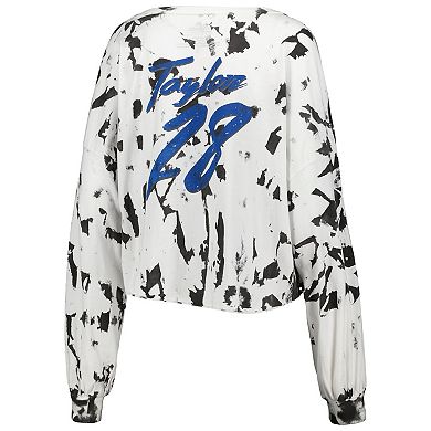 Women's Majestic Threads Jonathan Taylor White Indianapolis Colts Off-Shoulder Tie-Dye Name & Number Cropped Long Sleeve V-Neck T-Shirt
