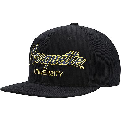 Youth Mitchell & Ness Black Marquette Golden Eagles Corduroy Script Snapback Hat