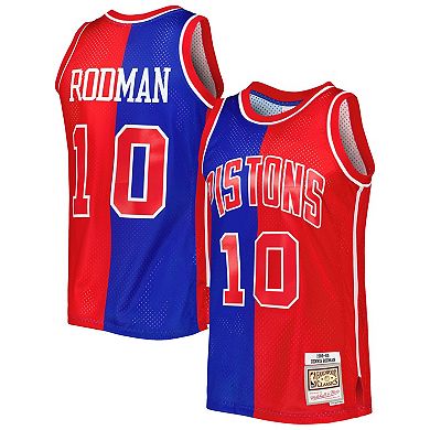 Men's Mitchell & Ness Dennis Rodman Blue/Red Detroit Pistons Hardwood Classics 1988-89 Split Swingman Jersey