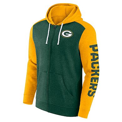 Men's Fanatics Branded Heather Green Green Bay Packers Down and Distance Full-Zip Hoodie