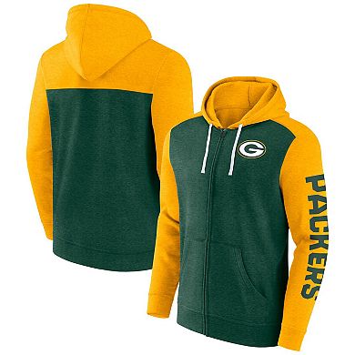 Men's Fanatics Branded Heather Green Green Bay Packers Down and Distance Full-Zip Hoodie