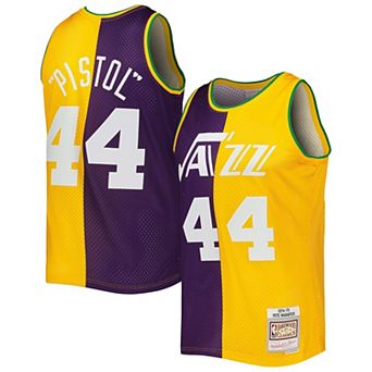 Men's Mitchell & Ness Pete Maravich Purple/Yellow New Orleans Jazz Hardwood Classics 1974-75 Split Swingman Jersey