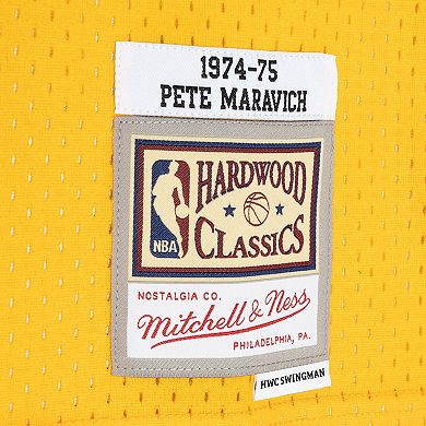 Men's Mitchell & Ness Pete Maravich Purple/Yellow New Orleans Jazz Hardwood Classics 1974-75 Split Swingman Jersey