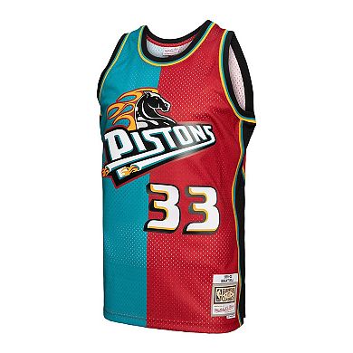 Men's Mitchell & Ness Grant Hill Teal/Red Detroit Pistons Hardwood Classics 1999-00 Split Swingman Jersey