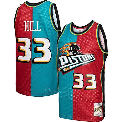 Men's Mitchell & Ness Grant Hill Teal/Red Detroit Pistons Hardwood Classics 1999-00 Split Swingman Jersey