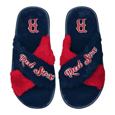 Women's FOCO Navy Boston Red Sox Two-Tone Crossover Faux Fur Slide Slippers