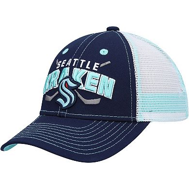 Youth Deep Sea Blue/White Seattle Kraken Core Lockup Trucker Snapback Hat