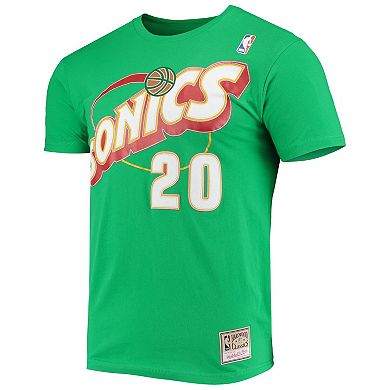 Men's Mitchell & Ness Gary Payton Green Seattle SuperSonics Hardwood Classics Stitch Player Name & Number T-Shirt