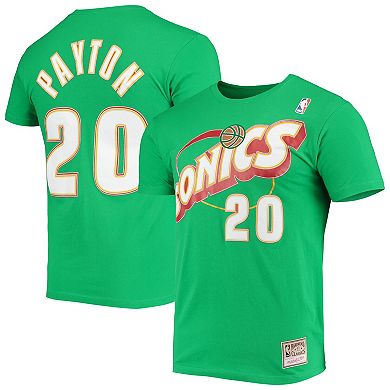 Men's Mitchell & Ness Gary Payton Green Seattle SuperSonics Hardwood Classics Stitch Player Name & Number T-Shirt