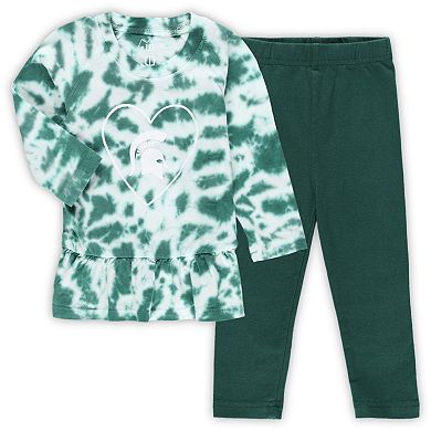 Girls Infant Wes & Willy Green Michigan State Spartans Tie-Dye Ruffle Raglan Long Sleeve T-Shirt & Leggings Set