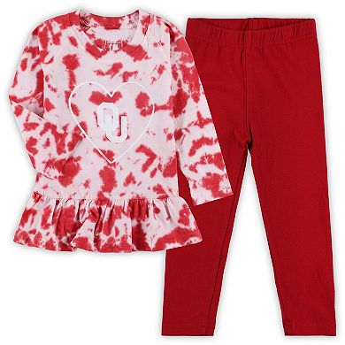 Girls Infant Wes & Willy Crimson Oklahoma Sooners Tie-Dye Ruffle Raglan Long Sleeve T-Shirt & Leggings Set