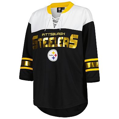Women's G-III 4Her by Carl Banks Black/White Pittsburgh Steelers Double Team 3/4-Sleeve Lace-Up T-Shirt