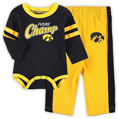 Newborn & Infant Black/Gold Iowa Hawkeyes Little Kicker Long Sleeve Bodysuit & Sweatpants Set