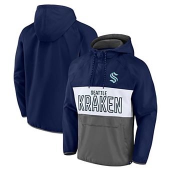 Men's Fanatics Branded Deep Sea Blue/Gray Seattle Kraken Backhand Shooter Defender Anorak Raglan Hoodie Quarter-Zip Jacket