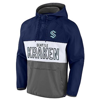 Men's Fanatics Branded Deep Sea Blue/Gray Seattle Kraken Backhand Shooter Defender Anorak Raglan Hoodie Quarter-Zip Jacket
