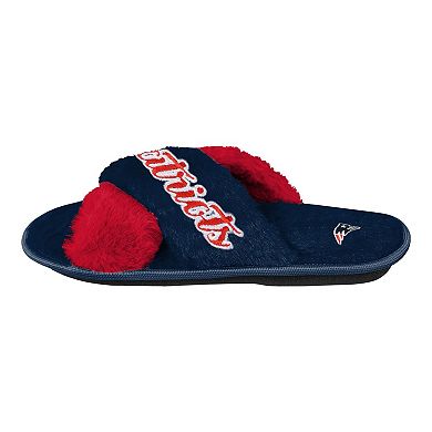 Women's FOCO Navy New England Patriots Two-Tone Crossover Faux Fur Slide Slippers