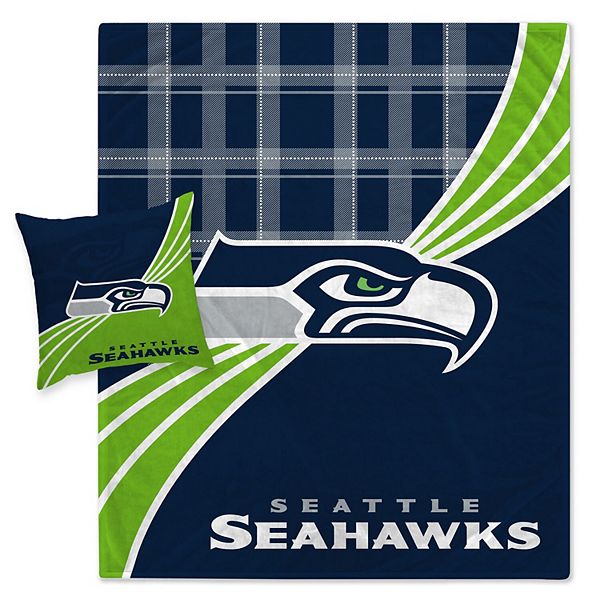 Seattle Seahawks Plaid Wave Flannel Fleece Blanket & Pillow Combo Set